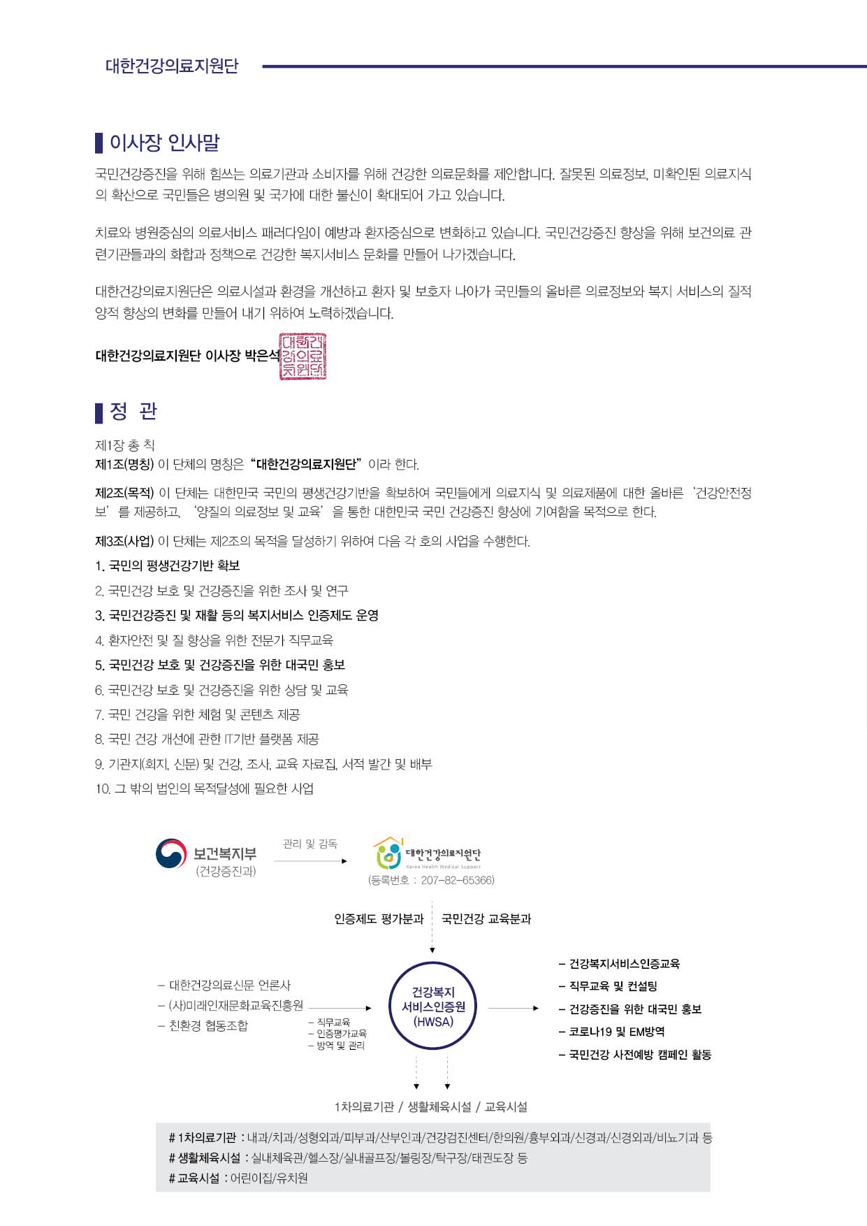 대한건강의료지원단 이사장 인사말 국민건강증진을 위해 힘쓰는 의료기관과 소비자를 위해 건강한 의료문화를 제안합니다. 잘못된 의료정보, 미확인된 의료지식 의 확산으로 국민들은 병의원 및 국가에 대한 불신이 확대되어 가고 있습니다.치료와 병원중심의 의료서비스 패러다임이 예방과 환자중심으로 변화하고 있습니다. 국민건강증진 향상을 위해 보건의료 관 련기관들과의 화합과 정책으로 건강한 복지서비스 문화를 만들어 나가겠습니다. 대한건강의료지원단은 의료시설과 환경을 개선하고 환자 및 보호자 나아가 국민들의 올바른 의료정보와 복지 서비스의 질적 양적 향상의 변화를 만들어 내기 위하여 노력하겠습니다.