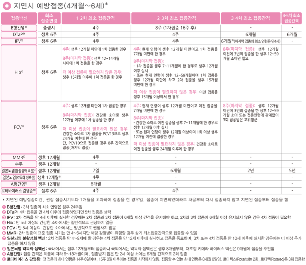 미접종 소아의 예방접종 일정표